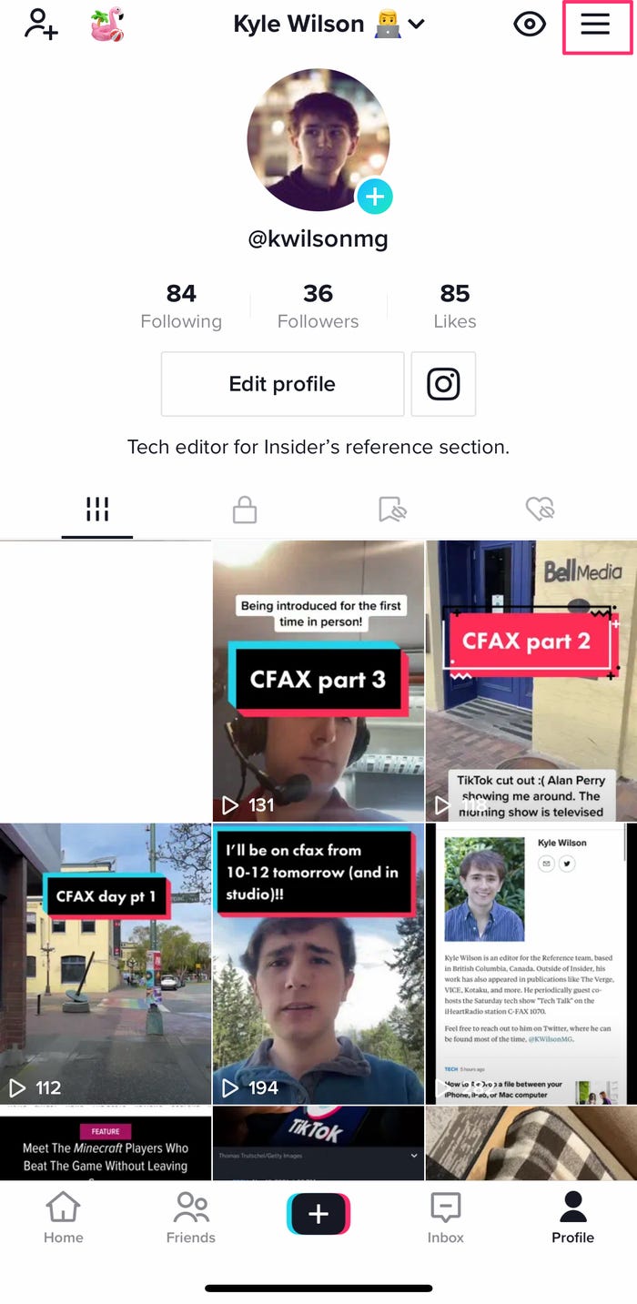 Screenshot of a TikTok profile with the three horizontal lines highlighted.