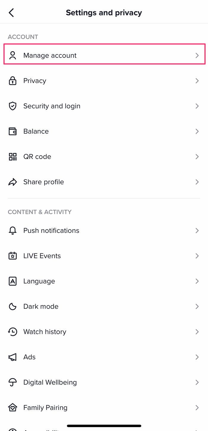 Screenshot of the TikTok settings with Manage account highlighted.